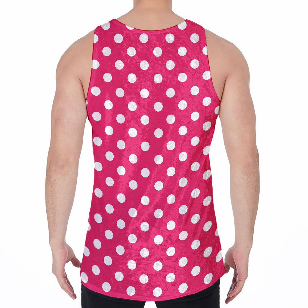 Hot Pink And White Polka Dot Print Men's Velvet Tank Top