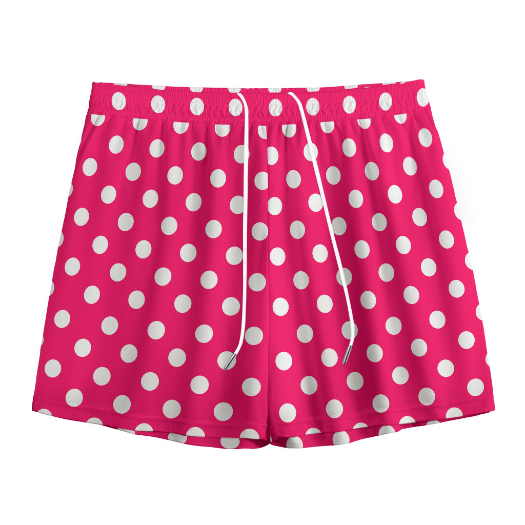 Hot Pink And White Polka Dot Print Mesh Shorts