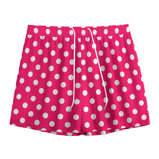 Hot Pink And White Polka Dot Print Mesh Shorts