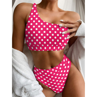 Hot Pink And White Polka Dot Print One Shoulder Bikini Top