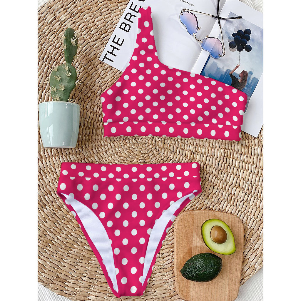 Hot Pink And White Polka Dot Print One Shoulder Bikini Top