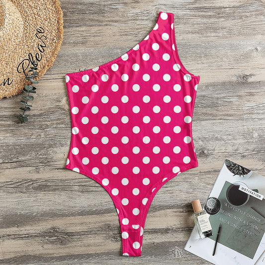 Hot Pink And White Polka Dot Print One Shoulder Bodysuit
