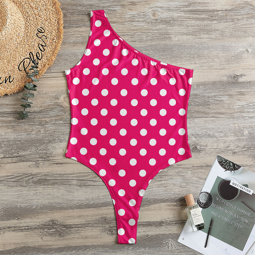 Hot Pink And White Polka Dot Print One Shoulder Bodysuit