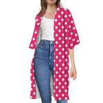 Hot Pink And White Polka Dot Print Open Front Beach Cover Up