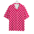 Hot Pink And White Polka Dot Print Rayon Hawaiian Shirt