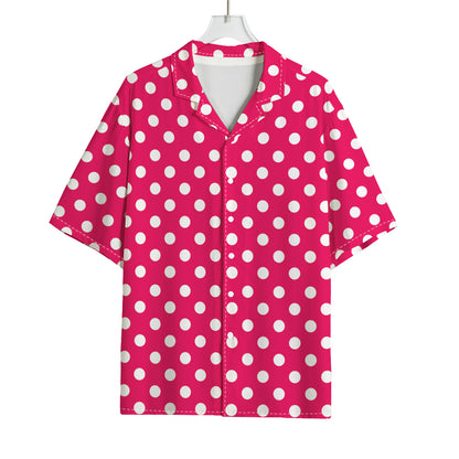 Hot Pink And White Polka Dot Print Rayon Hawaiian Shirt
