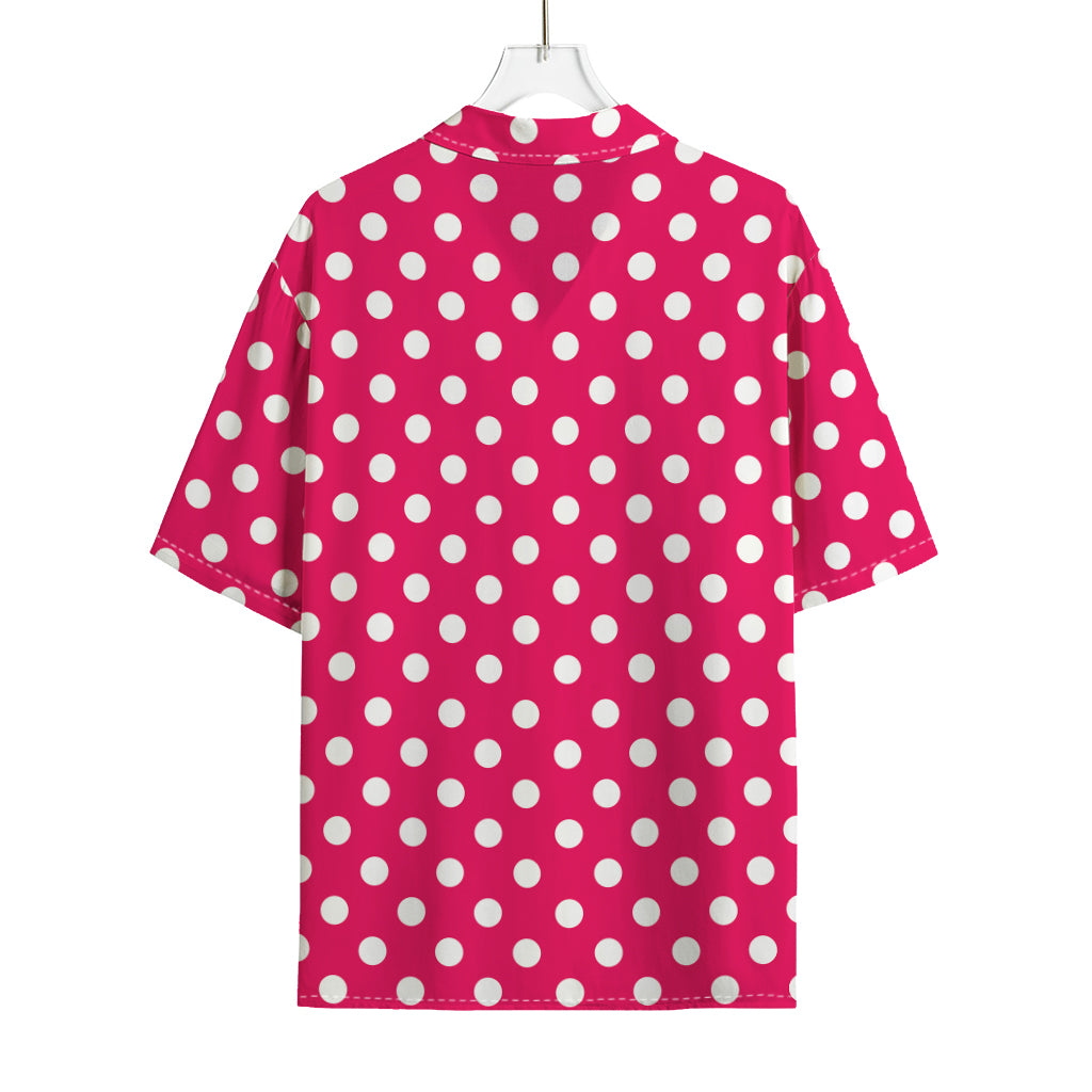 Hot Pink And White Polka Dot Print Rayon Hawaiian Shirt