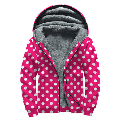 Hot Pink And White Polka Dot Print Sherpa Lined Zip Up Hoodie