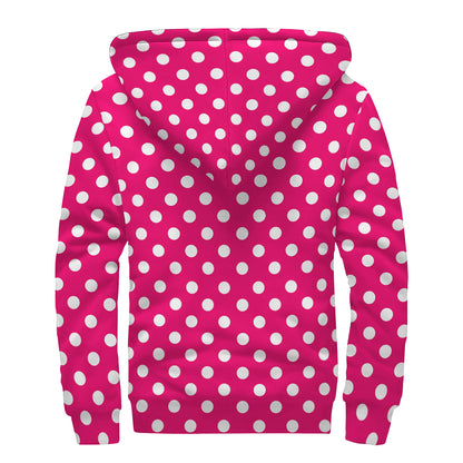 Hot Pink And White Polka Dot Print Sherpa Lined Zip Up Hoodie