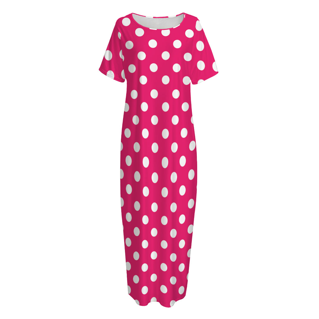 Hot Pink And White Polka Dot Print Short Sleeve Long Nightdress