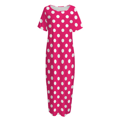 Hot Pink And White Polka Dot Print Short Sleeve Long Nightdress