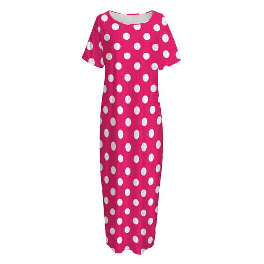 Hot Pink And White Polka Dot Print Short Sleeve Long Nightdress