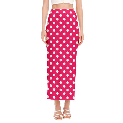 Hot Pink And White Polka Dot Print Side Slit Maxi Skirt