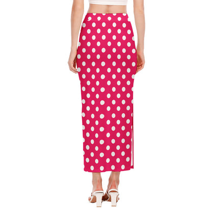 Hot Pink And White Polka Dot Print Side Slit Maxi Skirt