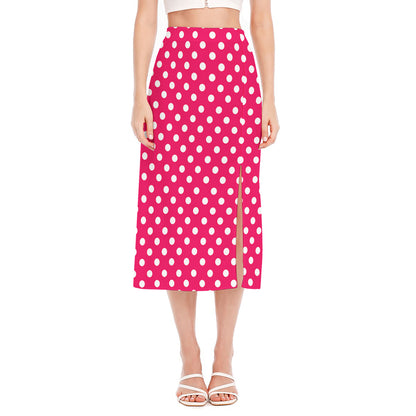 Hot Pink And White Polka Dot Print Side Slit Midi Skirt