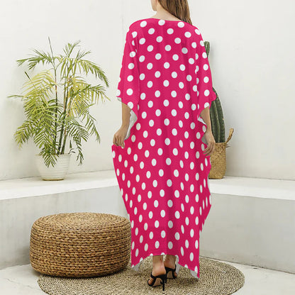 Hot Pink And White Polka Dot Print Silk V-Neck Kaftan Dress