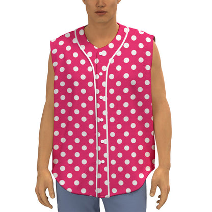 Hot Pink And White Polka Dot Print Sleeveless Baseball Jersey