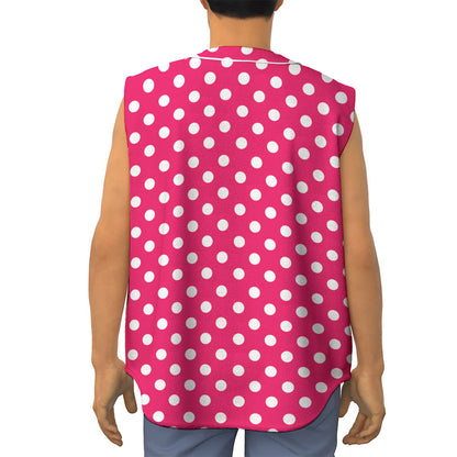 Hot Pink And White Polka Dot Print Sleeveless Baseball Jersey