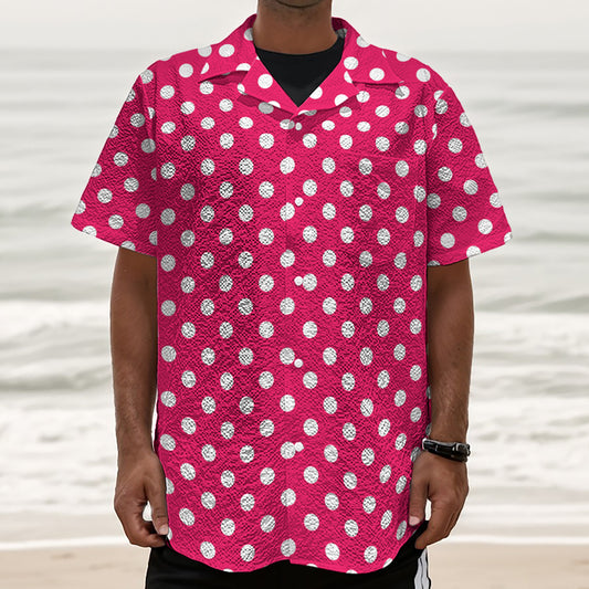 Hot Pink And White Polka Dot Print Textured Short Sleeve Shirt
