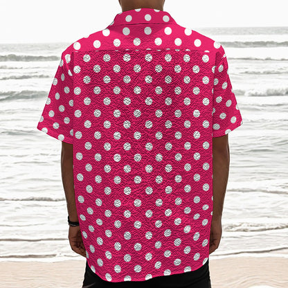Hot Pink And White Polka Dot Print Textured Short Sleeve Shirt