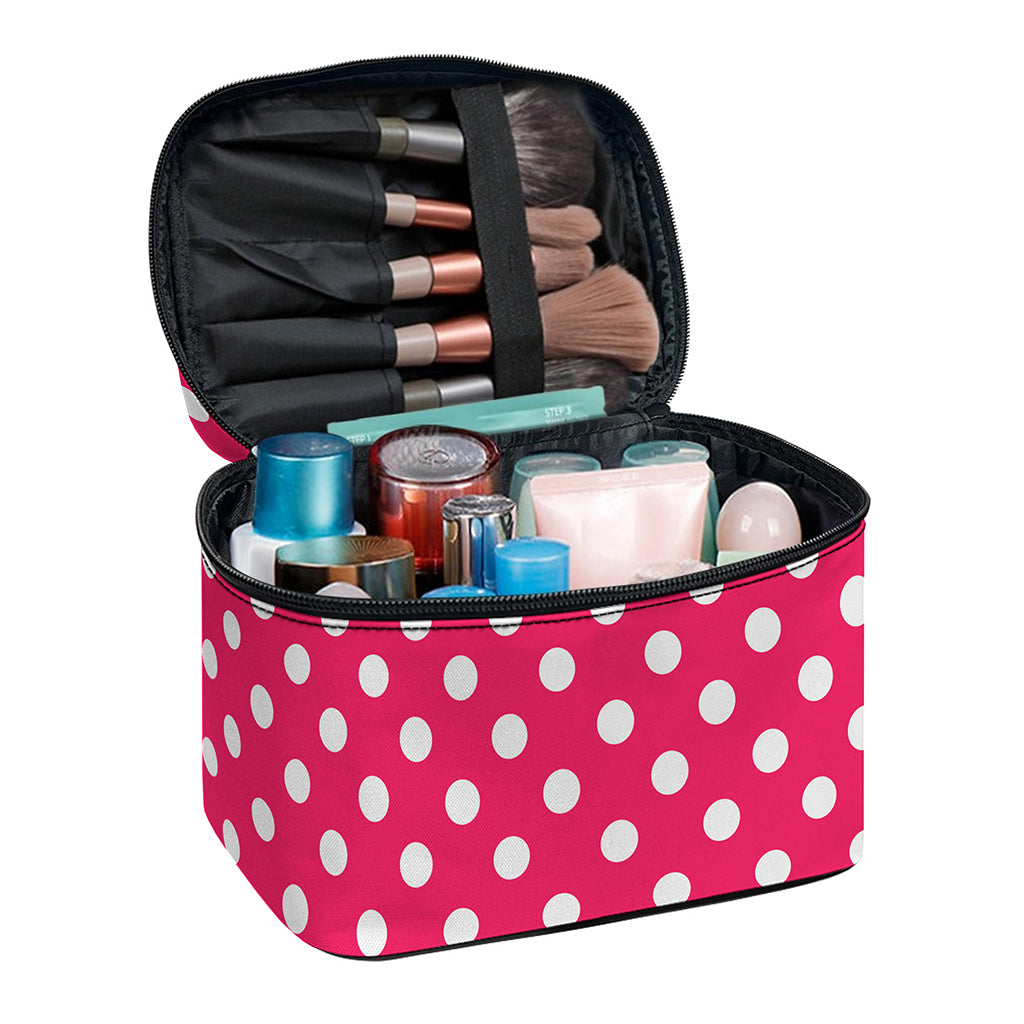 Hot Pink And White Polka Dot Print Travel Makeup Bag