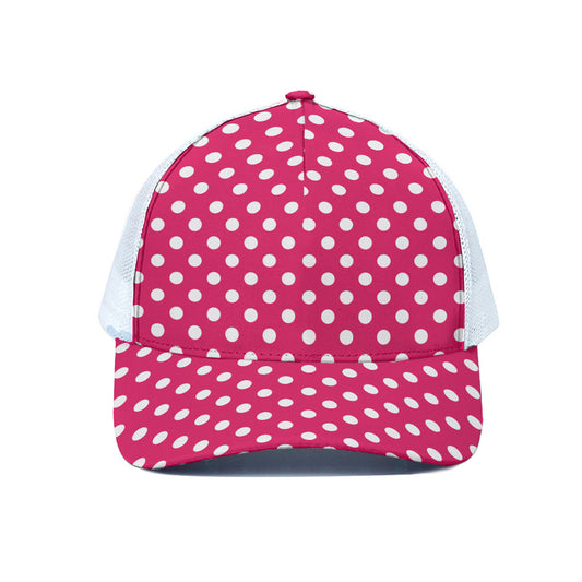 Hot Pink And White Polka Dot Print White Mesh Trucker Cap