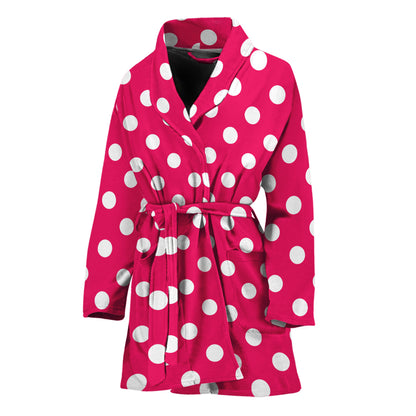 Hot Pink And White Polka Dot Print Women's Bathrobe