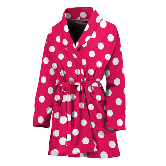 Hot Pink And White Polka Dot Print Women's Bathrobe