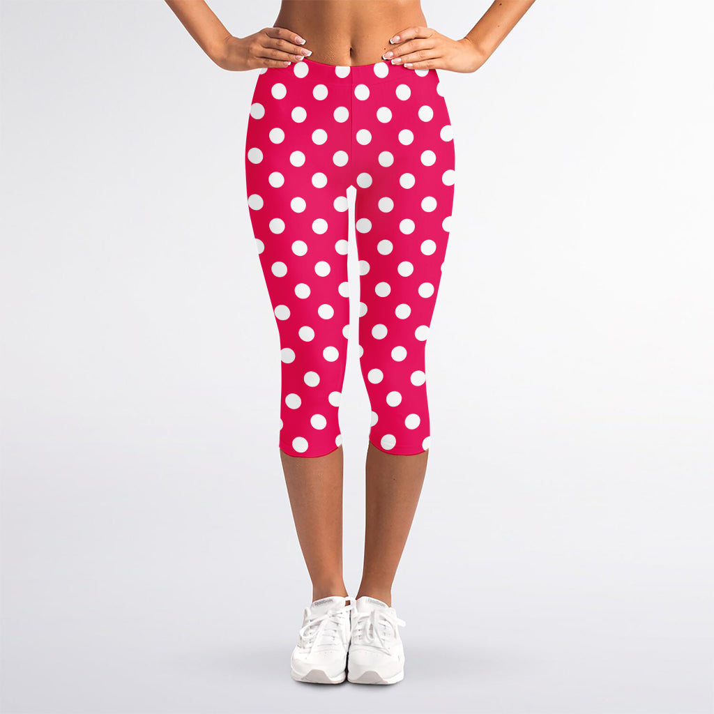 Hot Pink And White Polka Dot Print Women's Capri Leggings