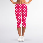 Hot Pink And White Polka Dot Print Women's Capri Leggings