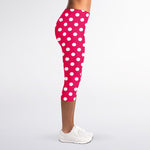 Hot Pink And White Polka Dot Print Women's Capri Leggings