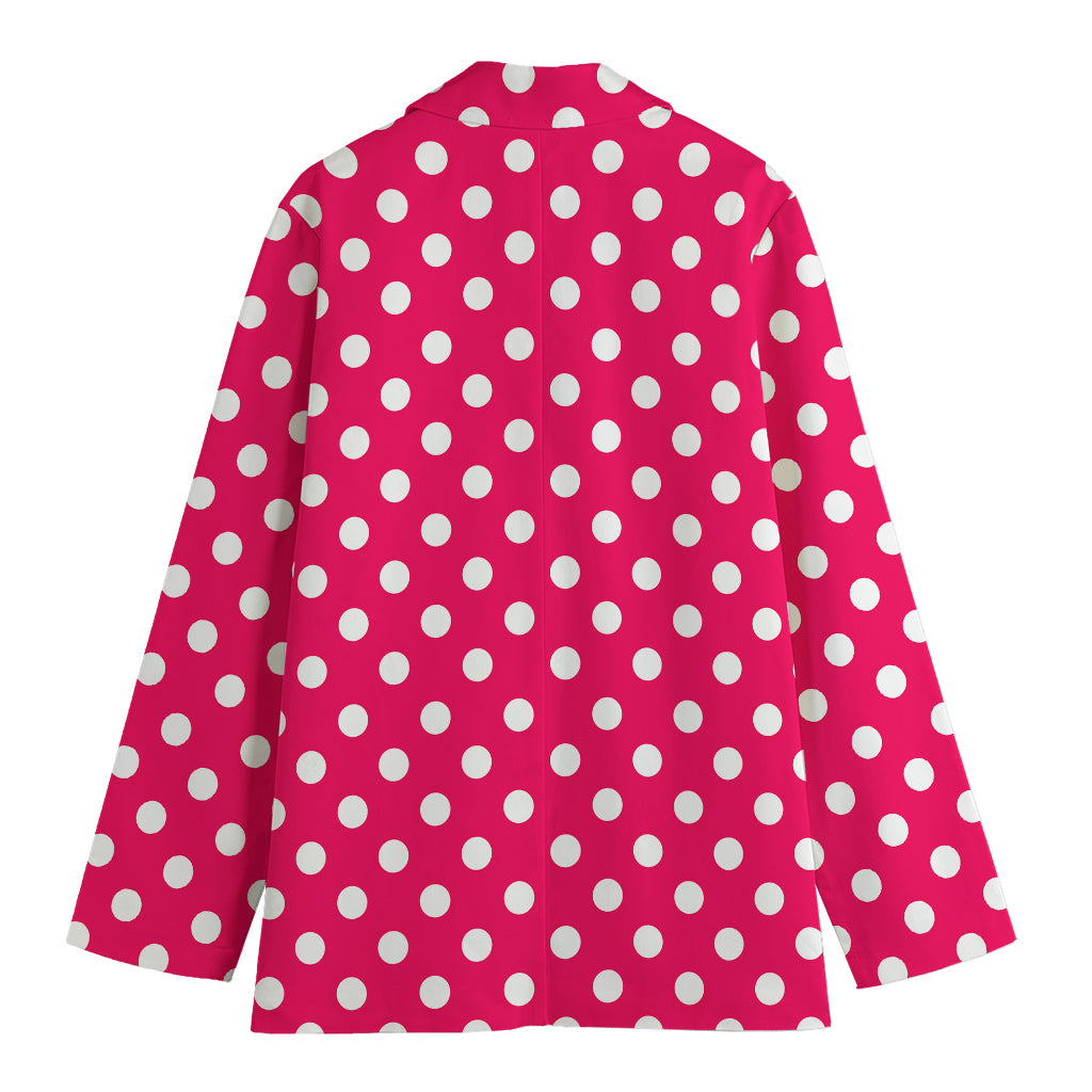 Hot Pink And White Polka Dot Print Women's Cotton Blazer