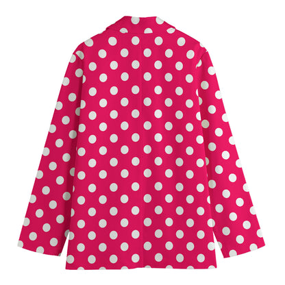 Hot Pink And White Polka Dot Print Women's Cotton Blazer