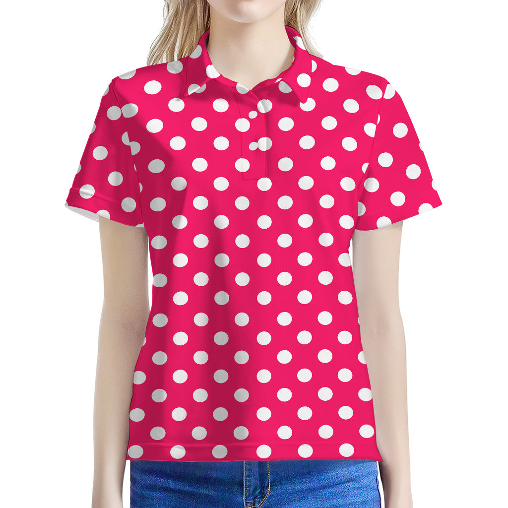 Hot Pink And White Polka Dot Print Women's Polo Shirt