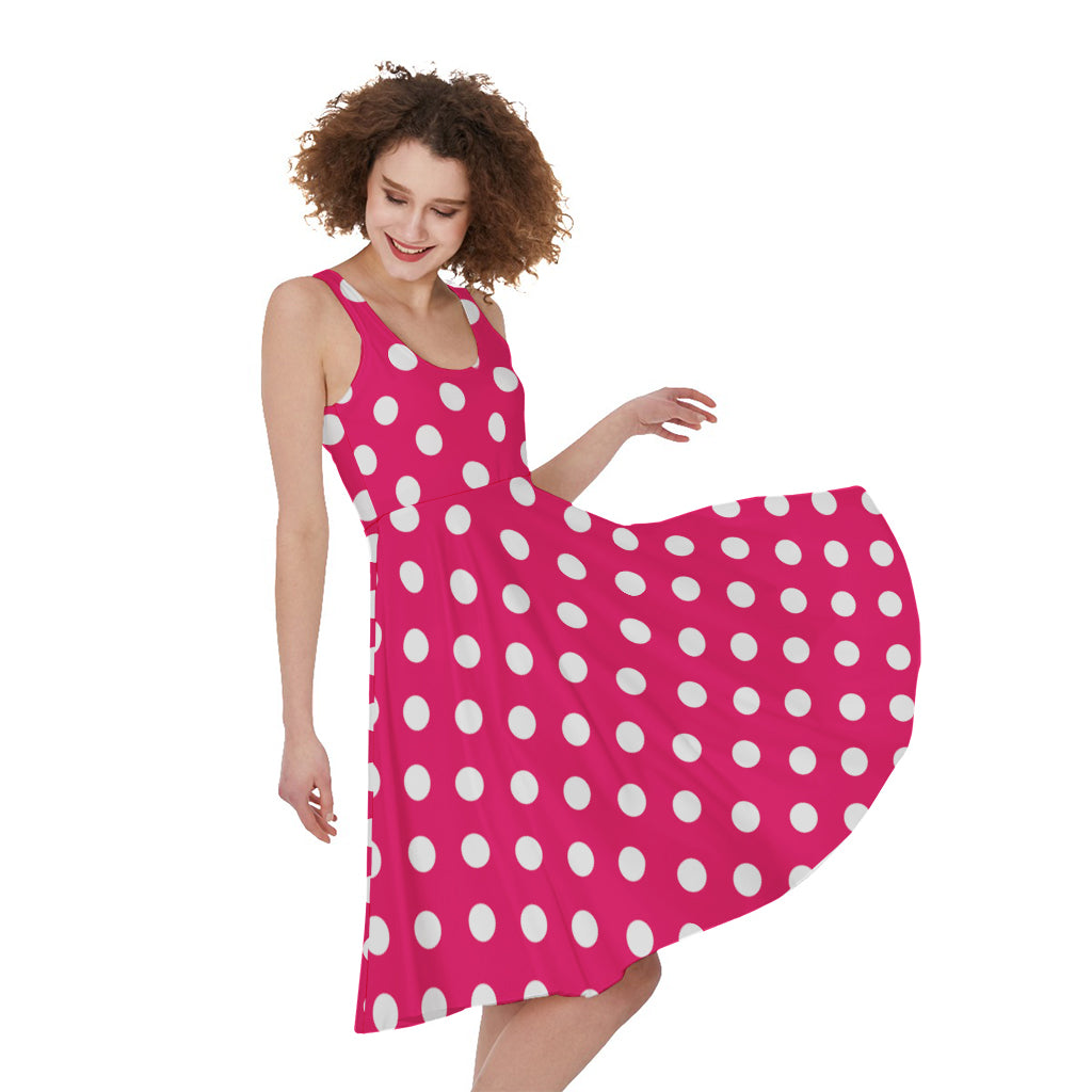 Hot Pink And White Polka Dot Print Women's Sleeveless Dress