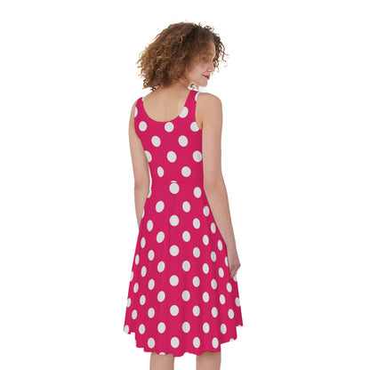 Hot Pink And White Polka Dot Print Women's Sleeveless Dress