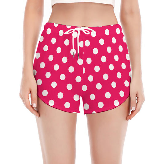 Hot Pink And White Polka Dot Print Women's Split Running Shorts