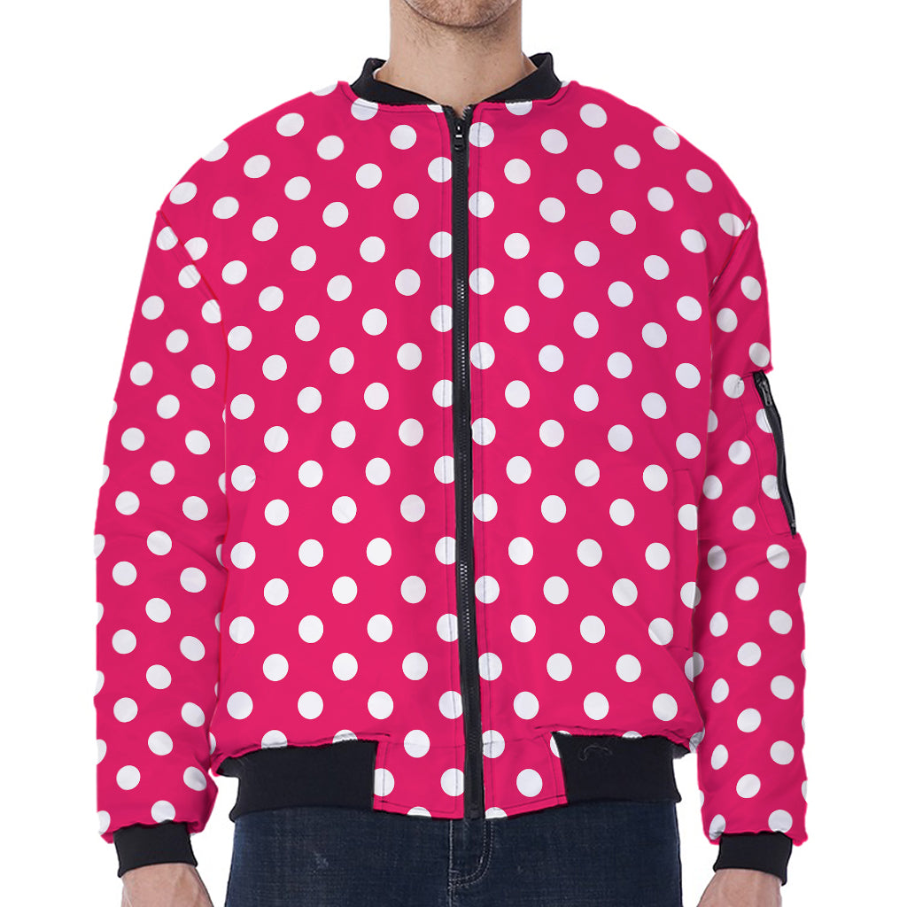 Hot Pink And White Polka Dot Print Zip Sleeve Bomber Jacket