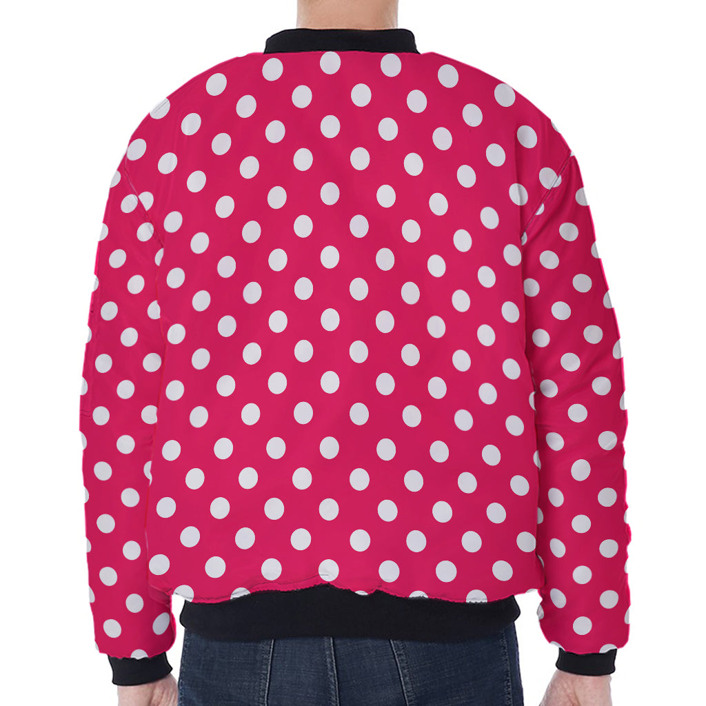 Hot Pink And White Polka Dot Print Zip Sleeve Bomber Jacket