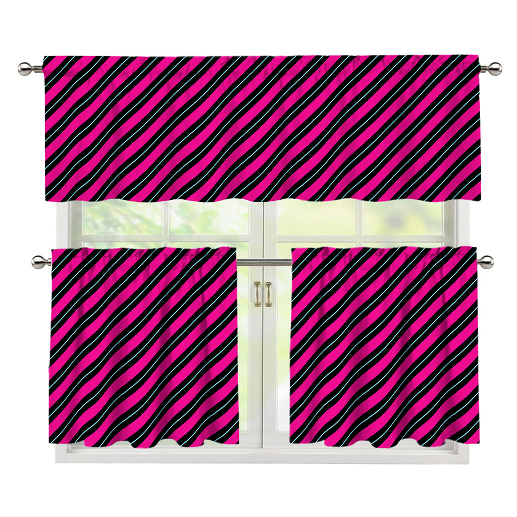 Hot Pink Black And Blue Stripes Print 3 Piece Kitchen Curtains