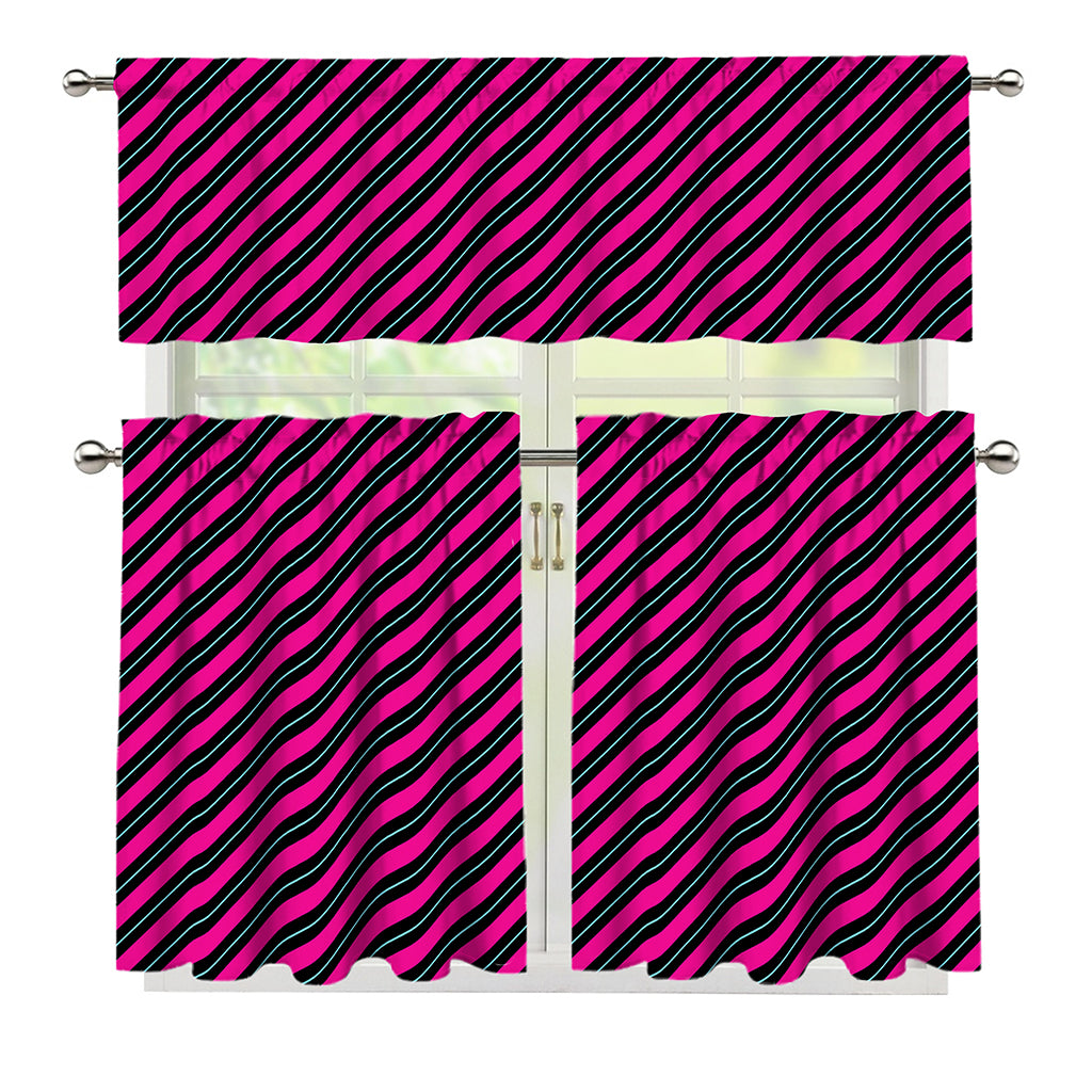 Hot Pink Black And Blue Stripes Print 3 Piece Kitchen Curtains