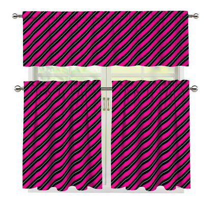 Hot Pink Black And Blue Stripes Print 3 Piece Kitchen Curtains