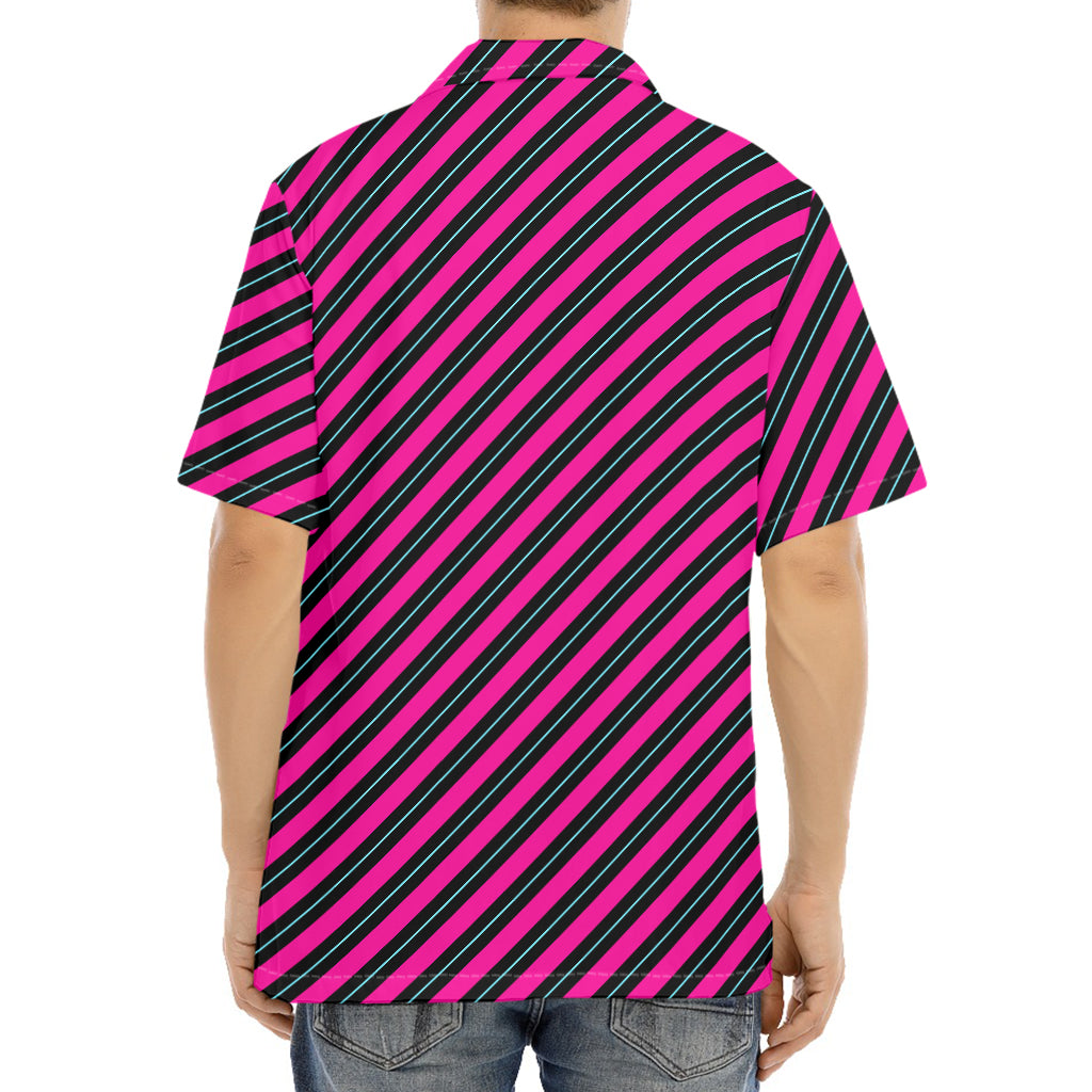 Hot Pink Black And Blue Stripes Print Aloha Shirt