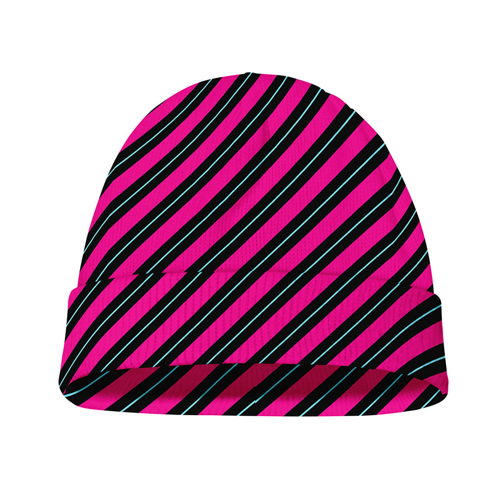 Hot Pink Black And Blue Stripes Print Beanie