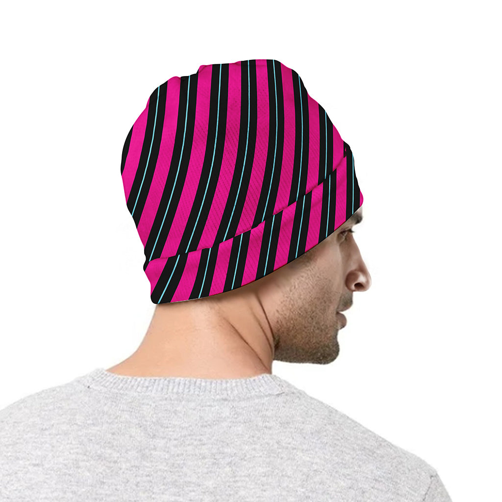 Hot Pink Black And Blue Stripes Print Beanie