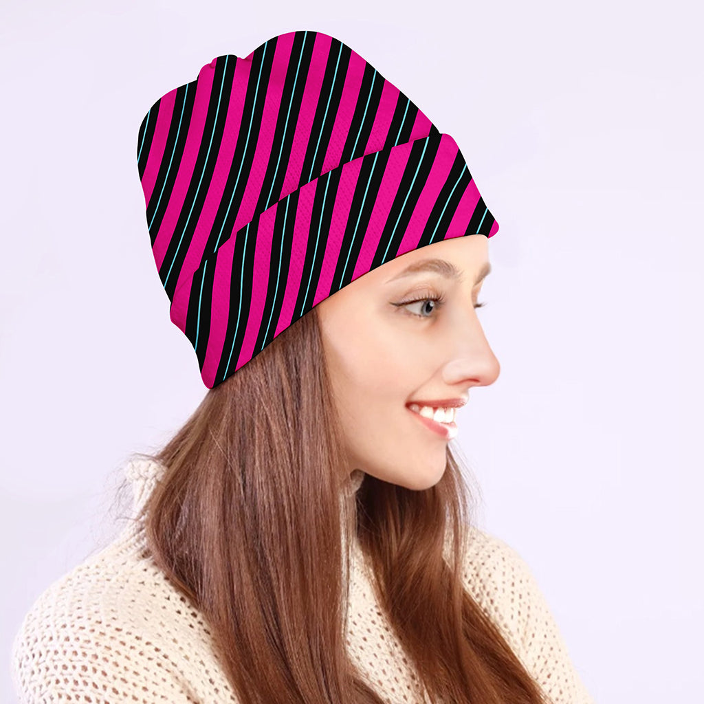 Hot Pink Black And Blue Stripes Print Beanie