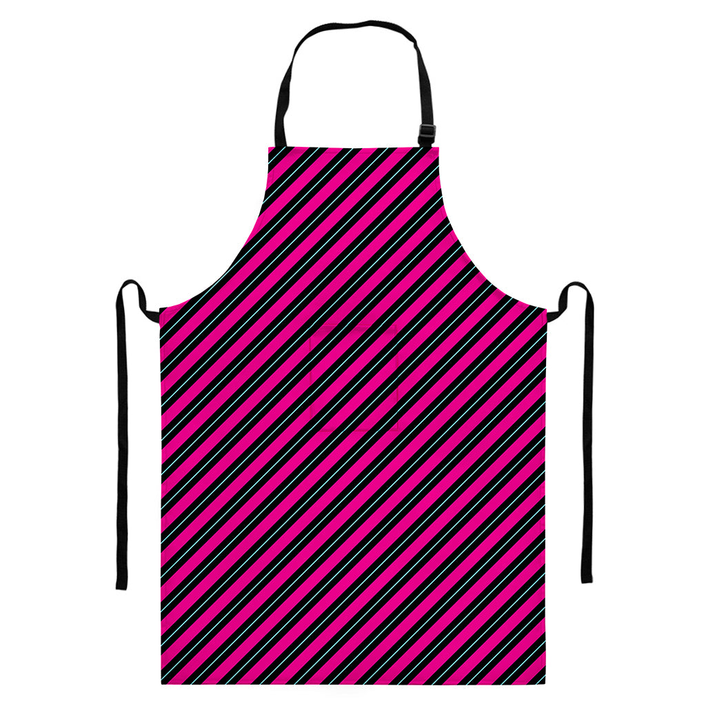 Hot Pink Black And Blue Stripes Print Bib Apron With Pocket