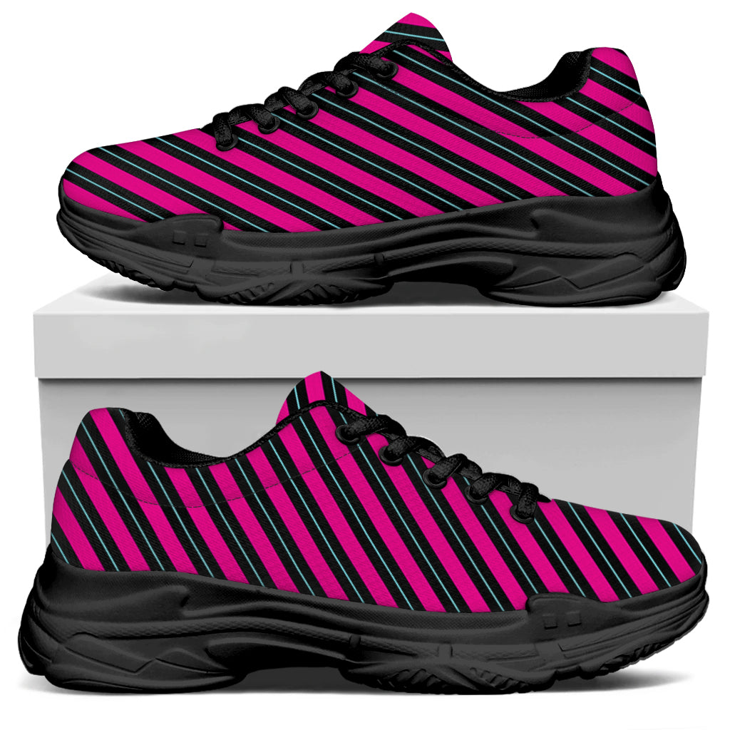Hot Pink Black And Blue Stripes Print Black Chunky Shoes