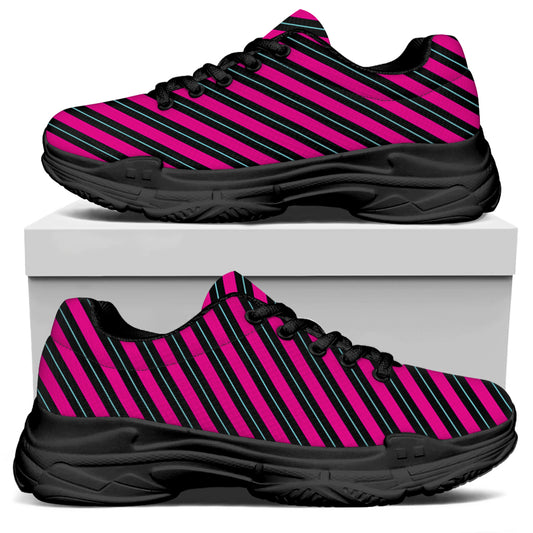 Hot Pink Black And Blue Stripes Print Black Chunky Shoes