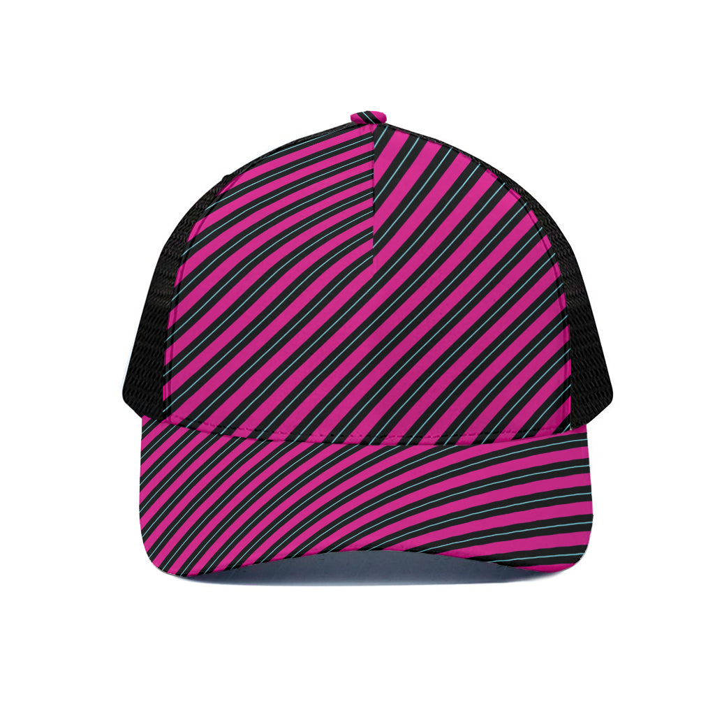 Hot Pink Black And Blue Stripes Print Black Mesh Trucker Cap